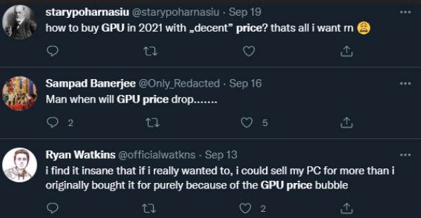 Twitter users complain about the increase of GPU prices.