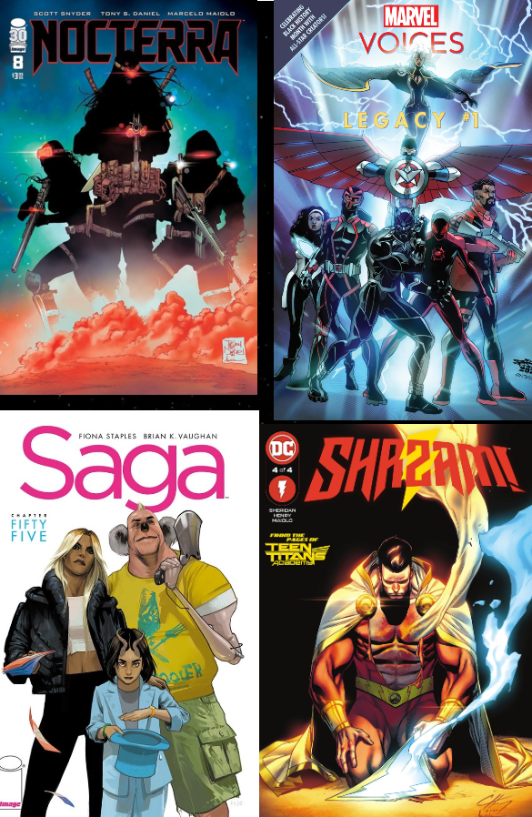 Some of the newest releases this month in order: Nocterra, Marvel Voices, Sage #55, and SHAZAM