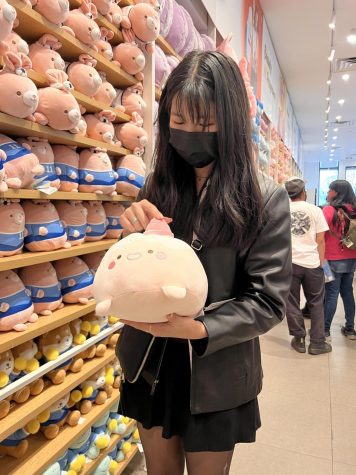 Madeline Khoo holding a plushie in Miniso as she hangs out with her friends.