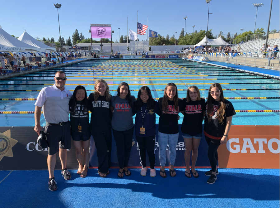 Junior Varsity girls swim coach Pamela Luncz (far right) stands with her team during May 2022s CIF swim championships.