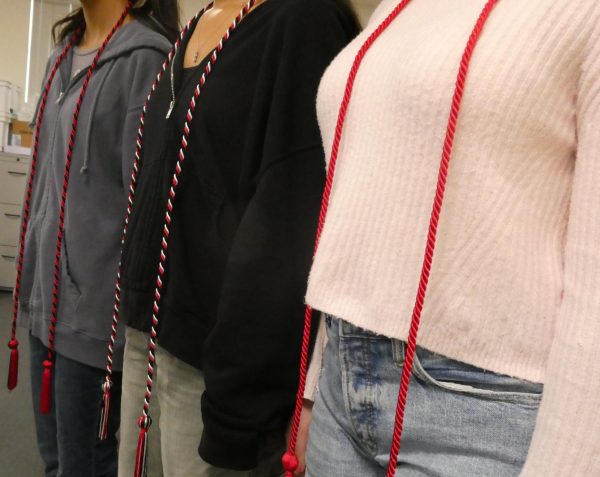 An important part of the SSC meeting last Wednesday was the emphasis on English CAASPP scores from the previous years 11th graders, a 76% of which met or exceeded standards, a top 2 mark in the entire county. The stoles awarded to those who meet or exceed standards in all three areas (Math, science, English) come in three different designs to indicate proficiency in however many areas. (Pictured out of order) Solid red stoles indicate proficiency in one area, red and black indicate proficiency in two, and red, white, and black indicate proficiency in all three areas.