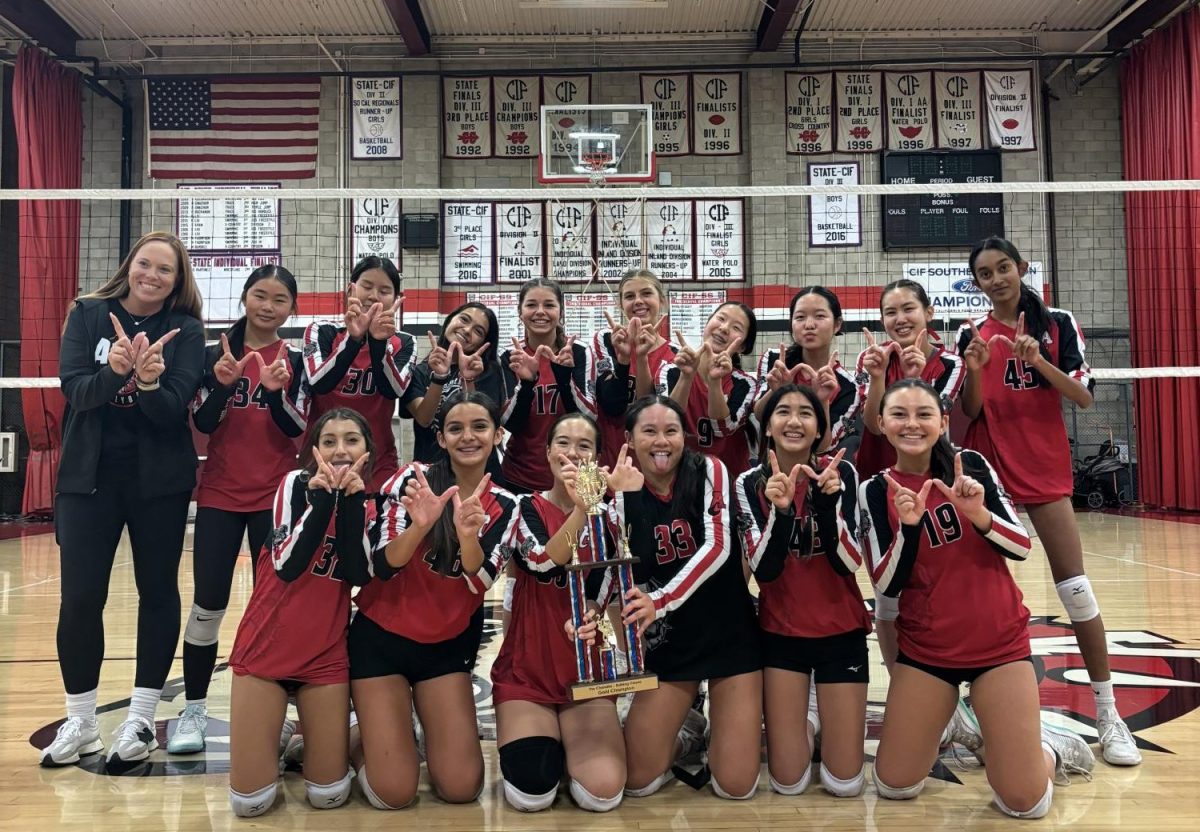 During this year's Jeff Chandler Memorial Tournament, Coach Shannon Dahl and her frosh team took the trophy as they won the tournament with a final score of 5-0. 
Pictured: Shannon Dahl, Kaelyn Naing (9), Michelle Wu (9), Mikailyn Torres (9), Viviana Jilek (9), Devin Miller (9), Emma Min (9), Bia Wang (9), Kaylani Hsu (10), Danviga Karthik (9), Marcelina Salib (9), Vidahlia Olmos (9), Allison Nakamura (10), Kaitlyn Place (9), Anastasia Tran (9), Myla Hancock (9)