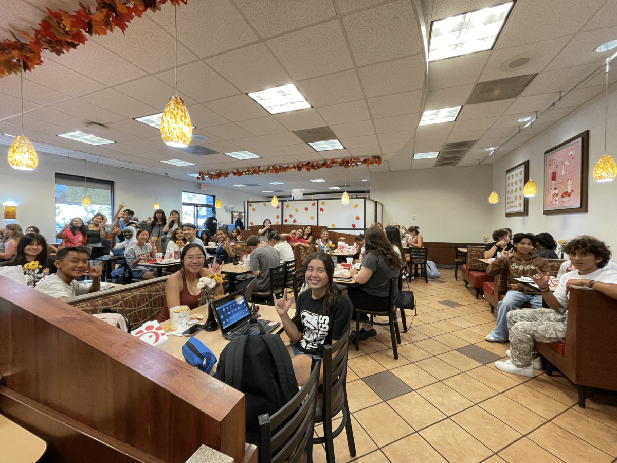 Photo of all who showed up to the Annual ASL Silent Dinner, put on by ASL Club and Find Kind Club. This year's dinner was at Chick-Fil-A, keeping the local factor that the silent dinner brings to Chino Hills.