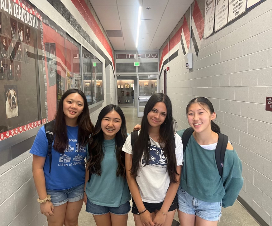 The new Class of 2028 officers gather together after the announcement of their positions to celebrate their victories. From left to right: Alice Diep, Madelyn Araki, Sophia Horan, and Ava Park