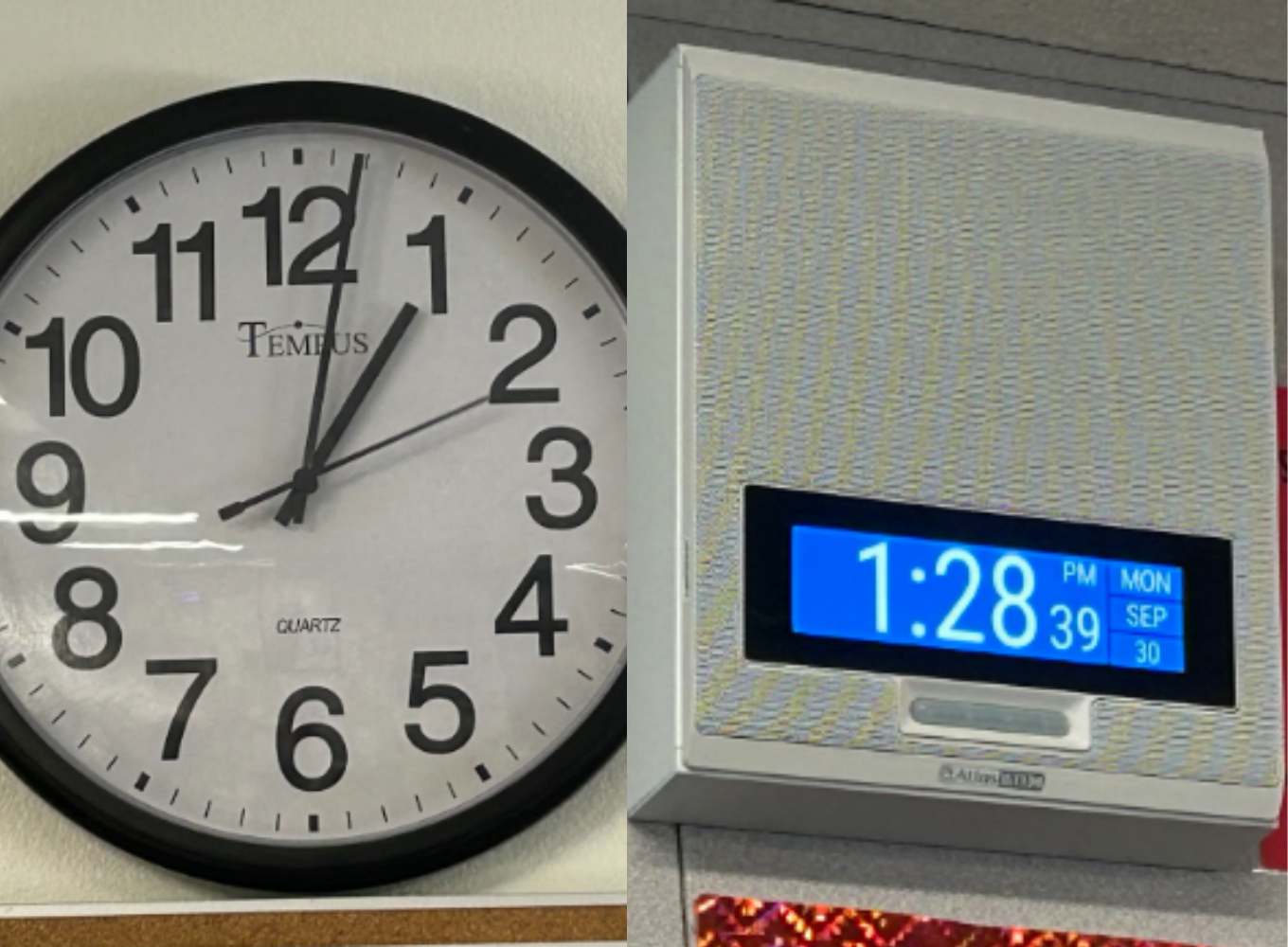 Many hand clocks around classrooms are getting replaced by new digital clocks that now display the time, the date, the day of the week, and attached to it being a schoolwide speaker.