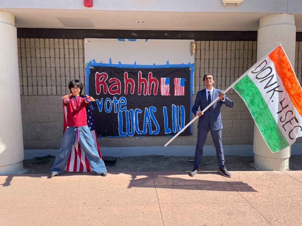 Lucas Liu (10) and Don Kumar (10) advertise their campaigns for Speaker of the House and Secretary on the library stage. Each of their themes and posters represent their values, and what they hope to bring to the school. 