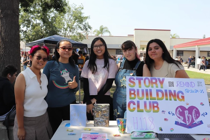 From left, Emily Nakasaki (11), Dodie Wong (11), Charlene Nguyen (11), Sophia Loriso (11), and Sofia Tovar (11) at this year's Club Rush, promoting the Storybuilding Club. They hope to shine a light on creative writing.