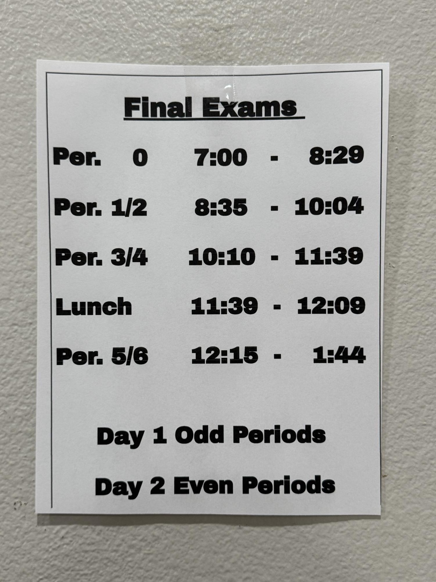 Finals will include a lunch break and earlier zero periods, different from previous years.