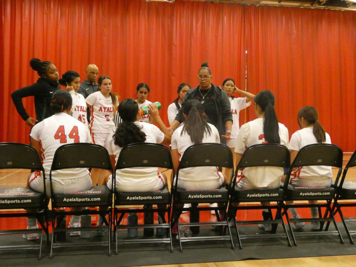 Ayala's Girls' Varsity Basketball team getting valuable advice from their coach as they get ready to continue their game. 