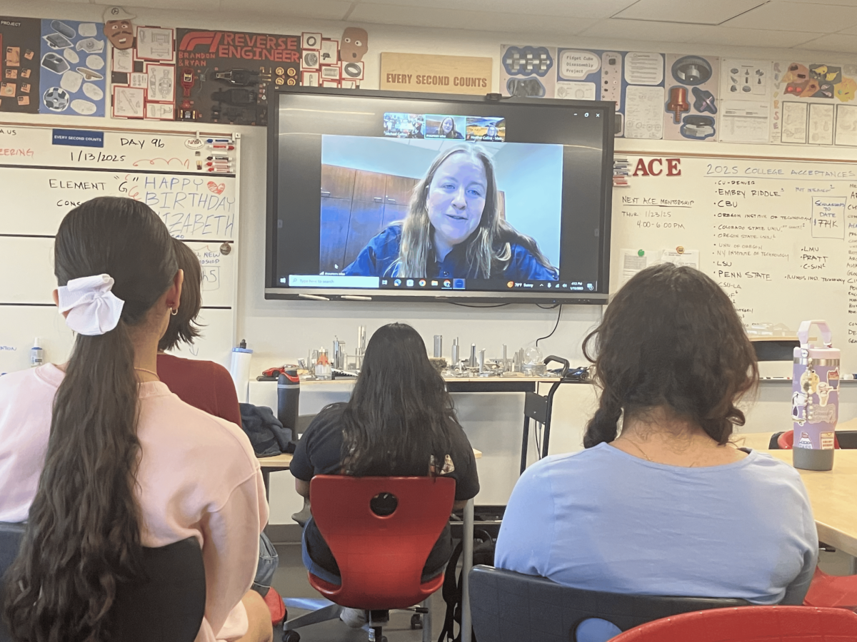 Mo Wise answers questions about her job as a wetland scientist and gives advice via Zoom. The club members of Women in STEM listen attentively. 