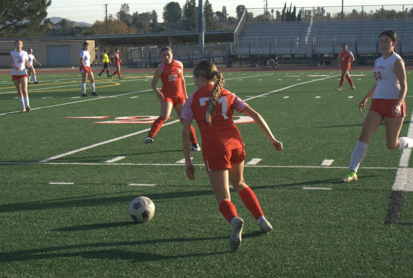 Skyler Bergeon (10) preparing to score a goal against Glendora. 