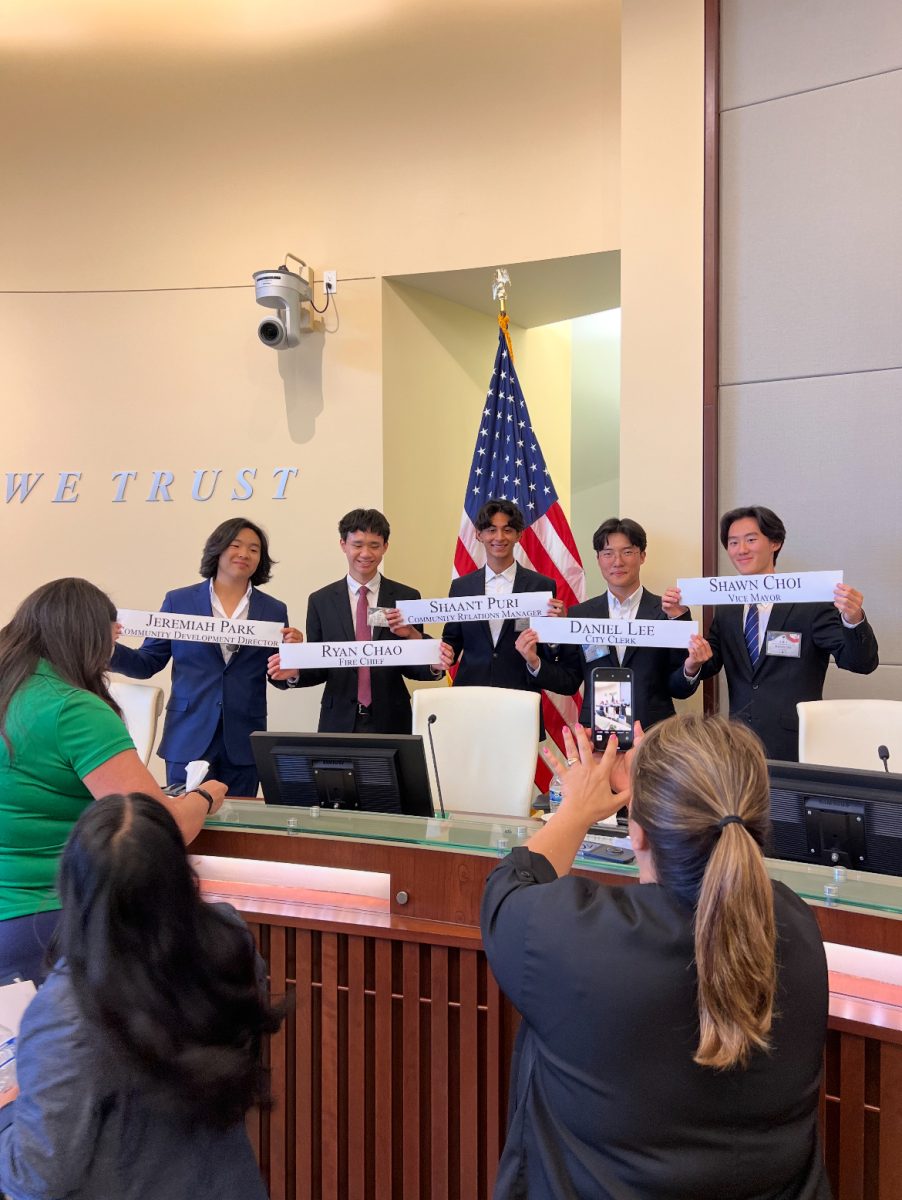 The annual event across the school district, student government day, gave government and United Student Body (USB) classes the opportunity to become involved with school and local governments. Pictured left to right: Jeremiah Park (12), Ryan Chao (12) Shaant Puri (12), Daniel Lee (12), Shawn Choi (12)