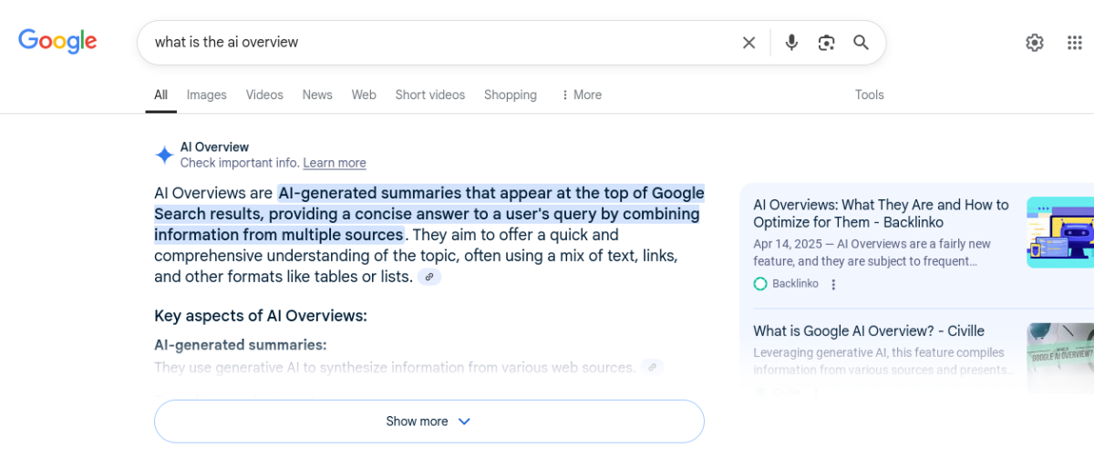 AI Overview is a mixture of Google's existing Google Gemini with new technology that aims to give a full summary of websites related to a Google search.