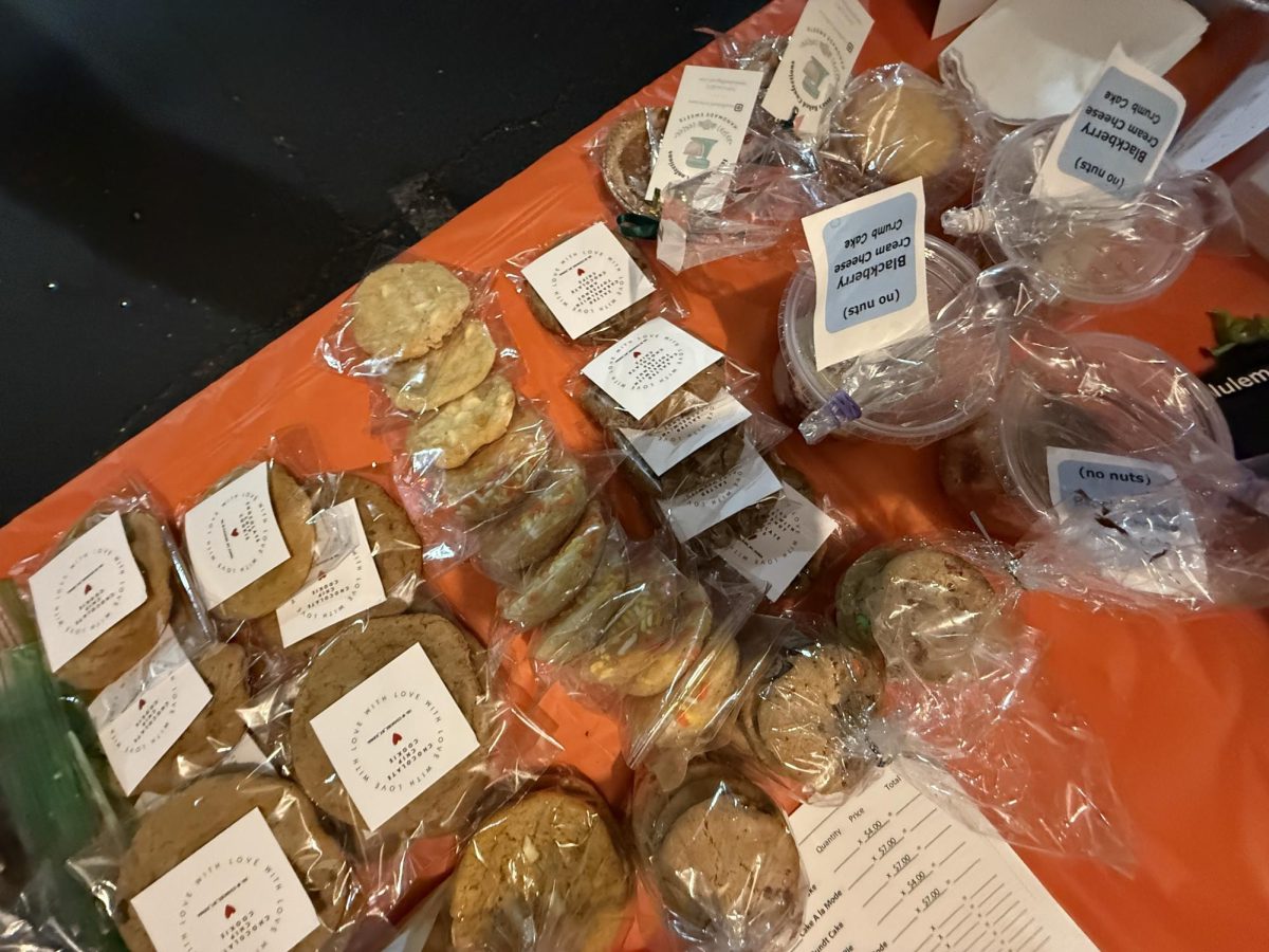 The Bakery sells many baked goods including homemade cookies and brownies.