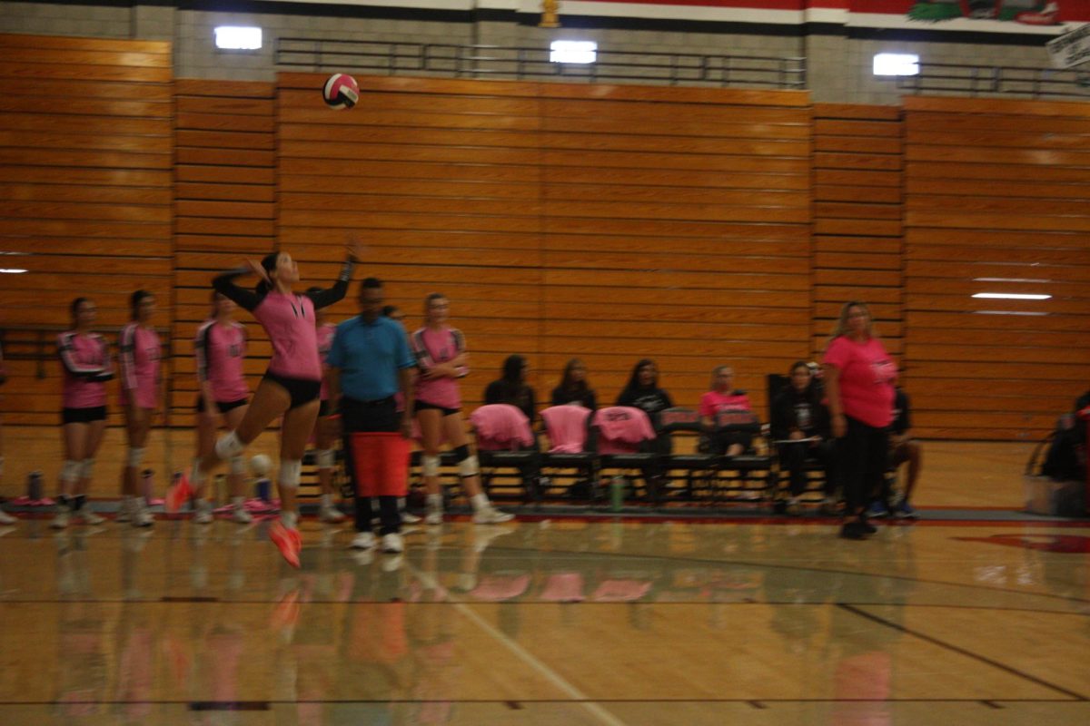 Evelyn Farias (11) serving the ball during the first set of the game. Through their aggressive offense, the Bulldogs were able to beat the Mustangs with an overall score of 4-1.