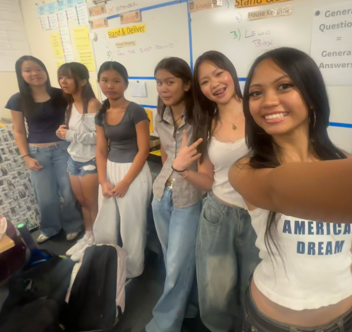Club officers Sophy Zheng (10), Rachel Zou (10), Ivy Luan (10), Estelle Ignacio (10), Vivian Pham (10), and Alexa Corpuz (10) line up before students arrived to the first Career Compass meeting.