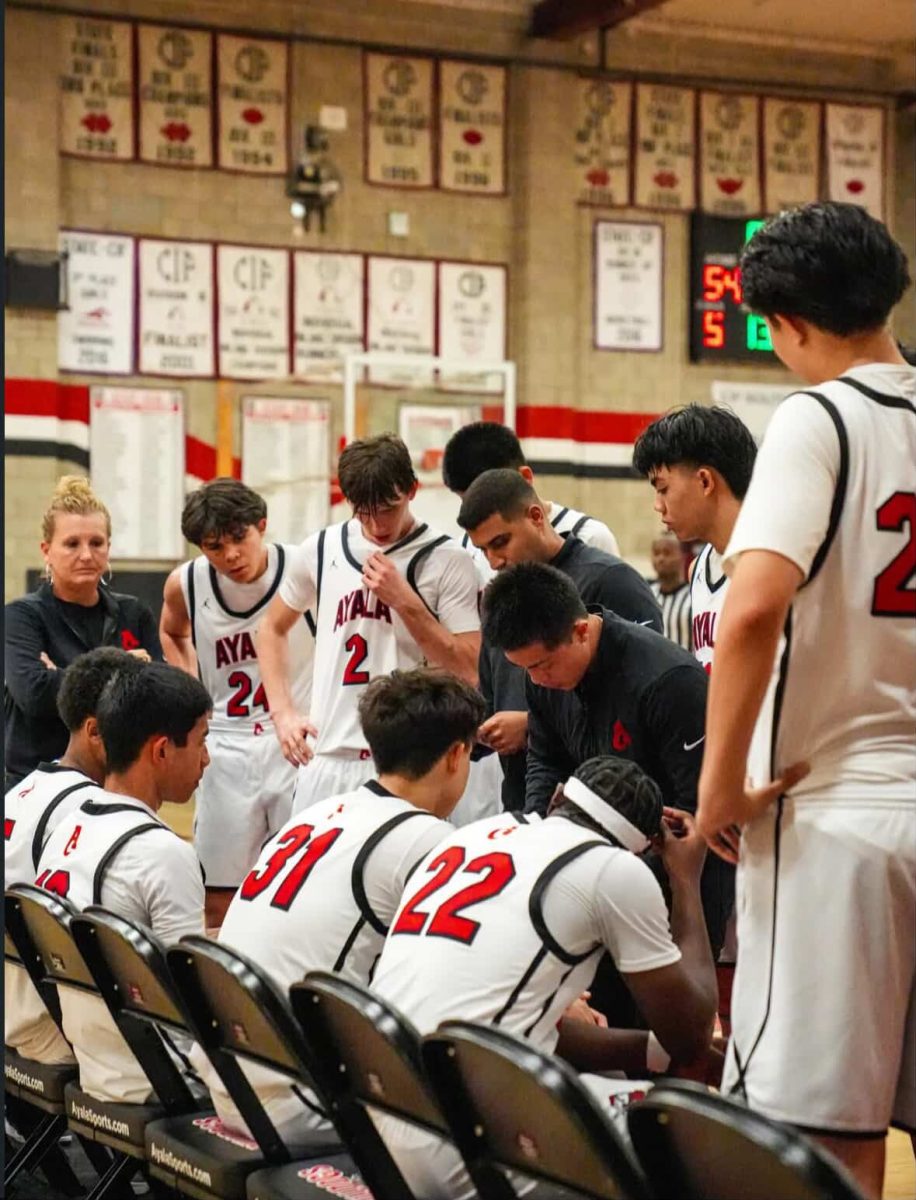 Coach Bhatt and the Bulldogs seen drawing up a play during a timeout.