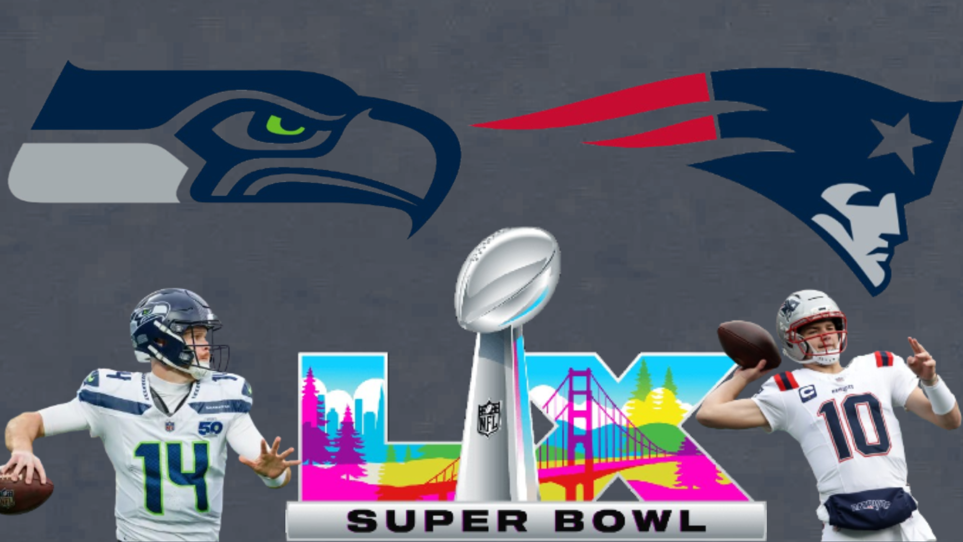 From left, Seattle Seahawks quarterback Sam Darnold and New England Patriots quarterback Drake Maye face off for the Lombardi trophy on Sunday, Febuary 8.