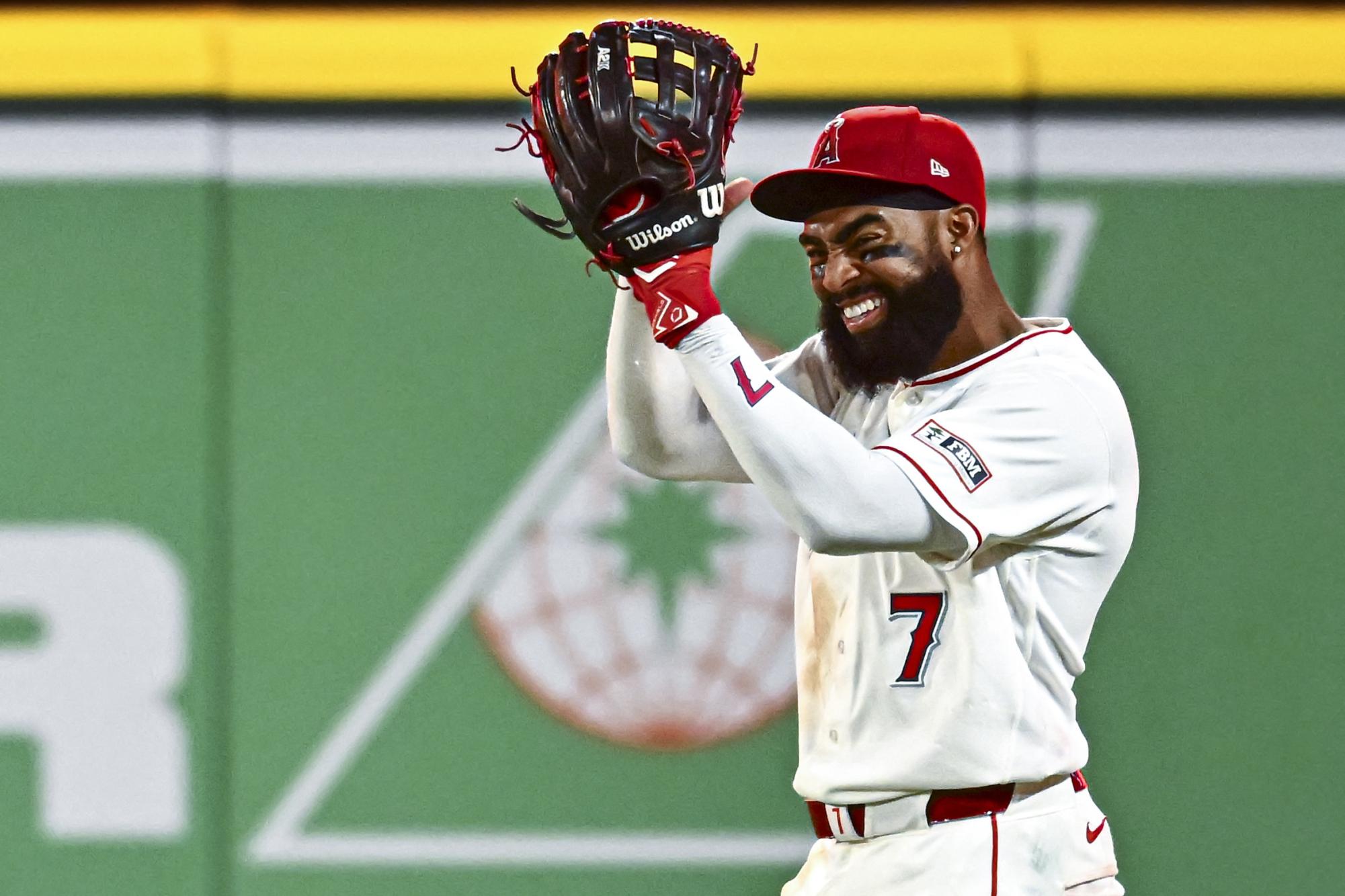 Los Angeles Angels right fielder Jo Adell (7) reacts after making a catch against the Seattle Mariners during the ninth inning at Angel Stadium. 