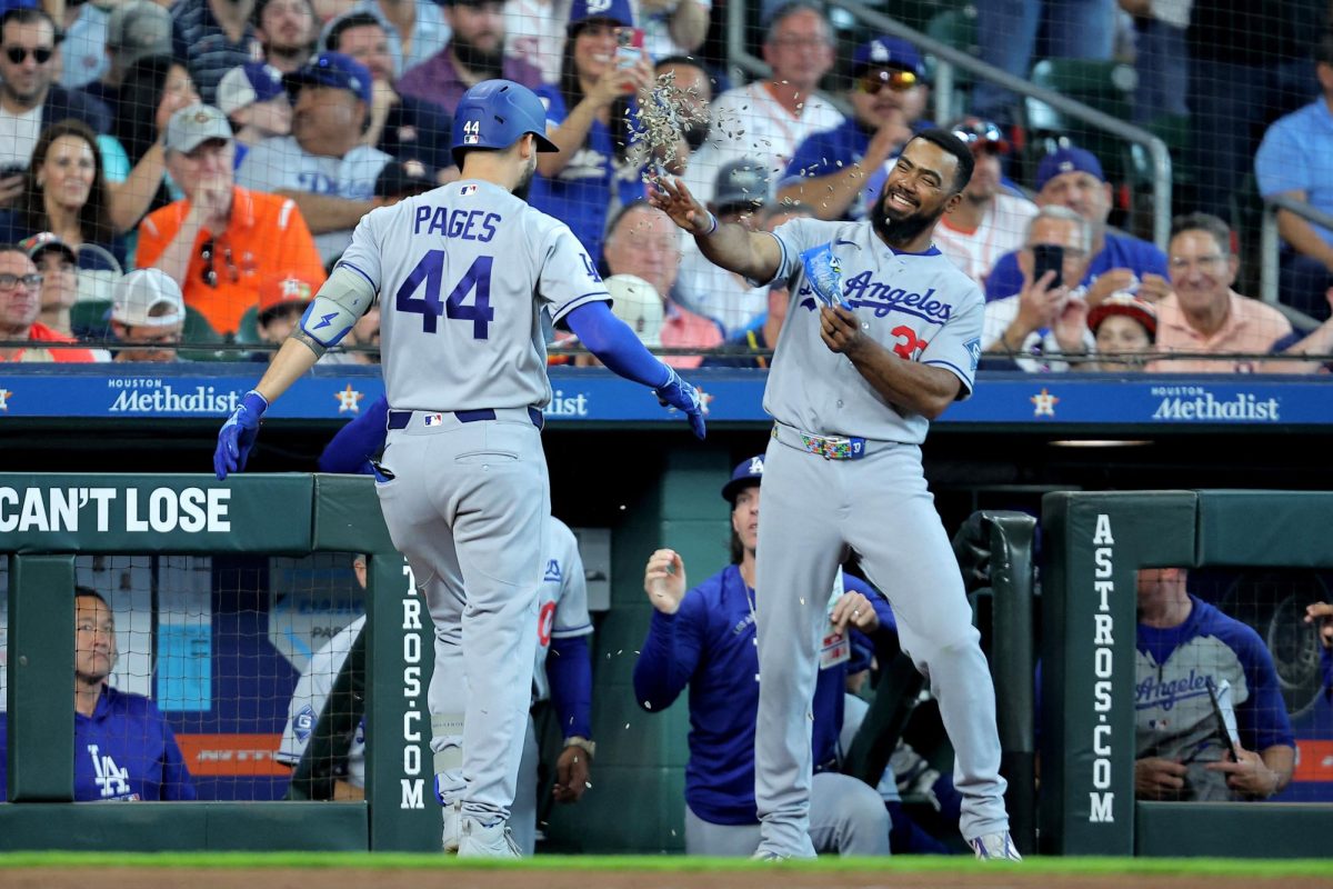 May 6, 2026; Houston, Texas, USA; Los Angeles Dodgers center fielder Andy Pages (44) is congratulated by left fielder Teoscar Hernandez (37) after hitting a two run home run against the Houston Astros during the fifth inning at Daikin Park. Erik Williams-Imagn Images